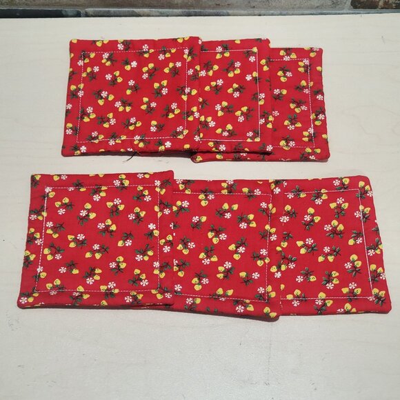 Fabric Coasters Mug Rugs Set of 6 Cotton Red Floral - Picture 8 of 8